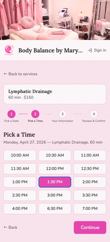 The booking time-picker on the same site, themed to match.